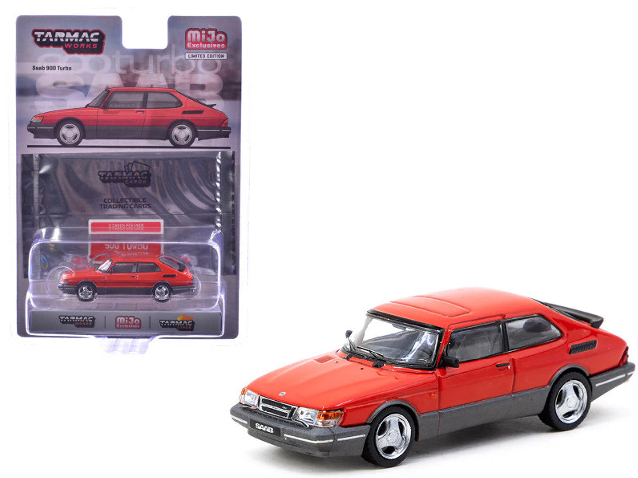 Tarmac Works 1:64, Saab 900 Turbo Red T64G-056-RE (Model Car + Trading Cards Combo Set)