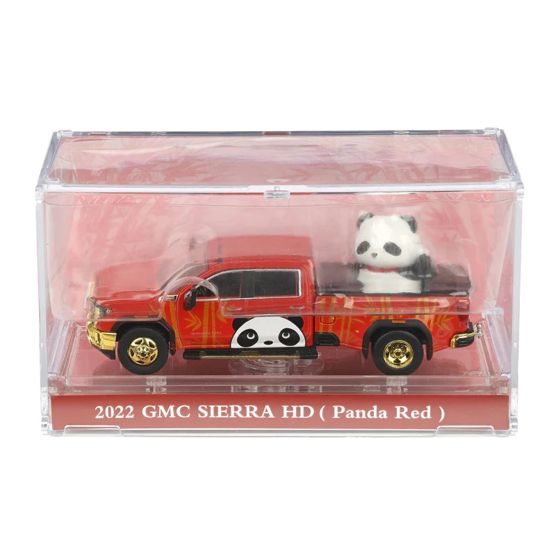 GreenLight Waltersons Product Expo Exclusive 1:64 GMC Sierra 3500 HD Denali Dually 2022 rouge avec panda de Beijing 1352003-B