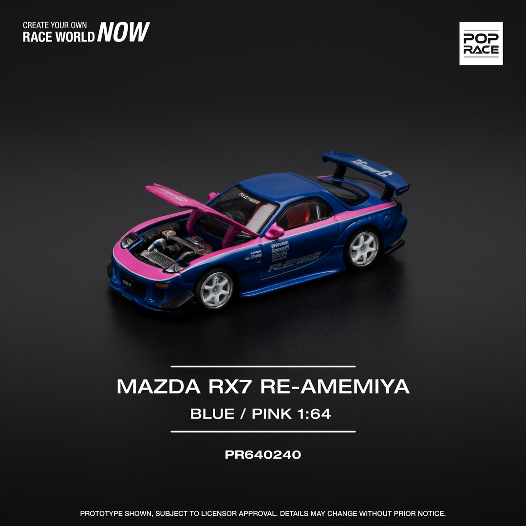 (PRE-0RDER 2025) POPRACE 1/64, MAZDA RX7 RE-AMEMIYA - (BLUE/PINK)