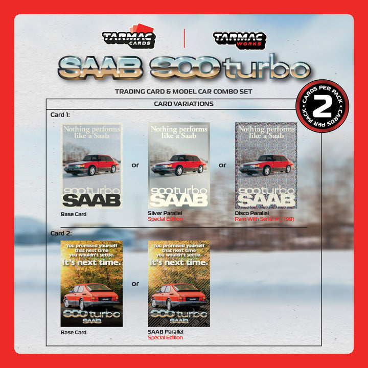 Tarmac Works 1:64, Saab 900 Turbo Red T64G-056-RE (Model Car + Trading Cards Combo Set)