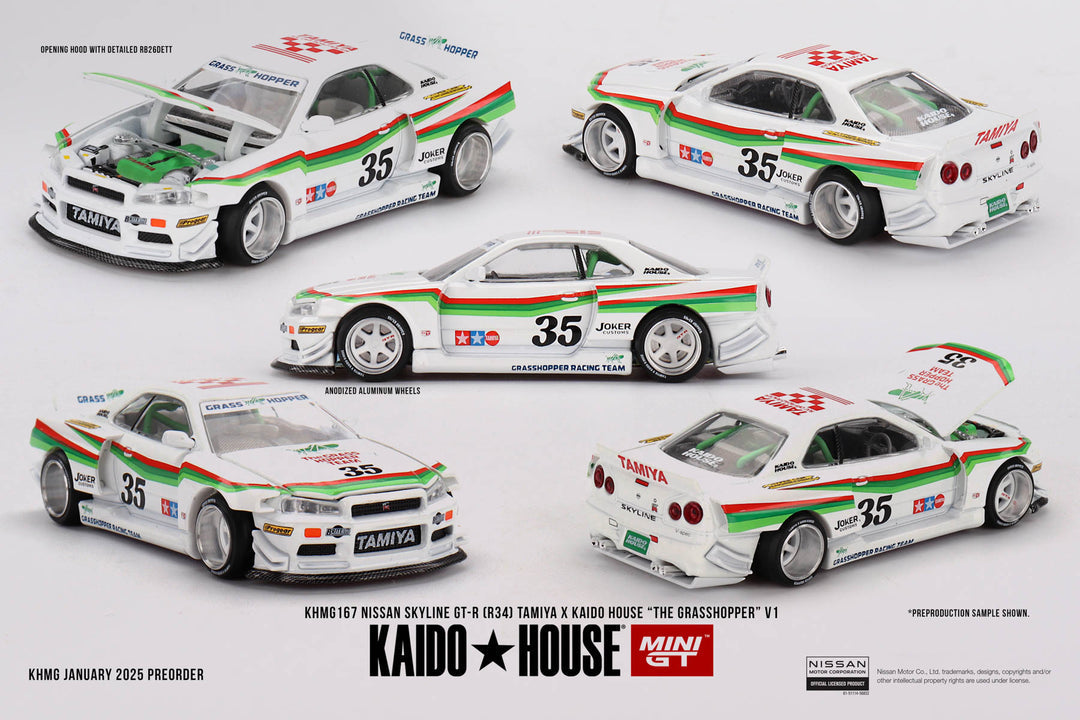 Kaido House x Mini GT - Nissan Skyline GT-R (R34) Tamiya X Kaido House “The Grasshopper” V1 – White (KHMG167) ***LIMITE DE 1 PAR CLIENT-LIMIT OF 1 PER CLIENT***