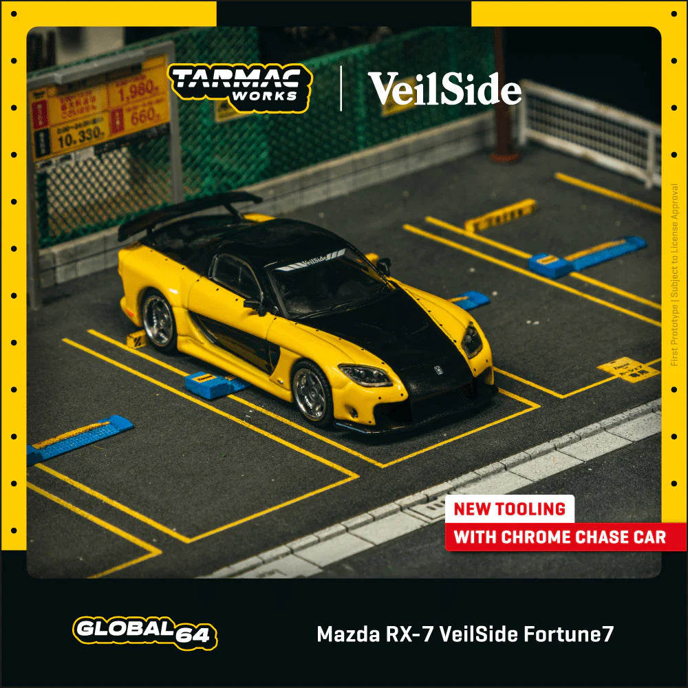(PRE-ORDER 2025) Tarmac Works 1:64, Mazda RX-7 VeilSide Fortune7 Yellow / Black