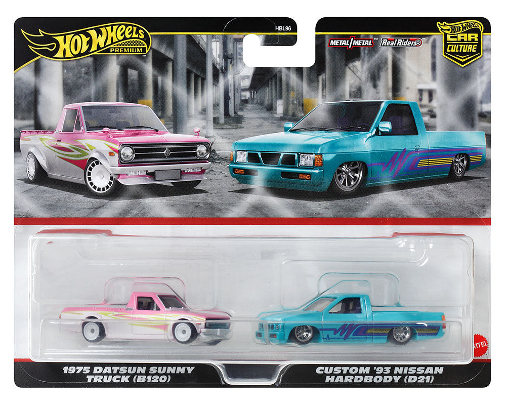1975 Datsun Sunny (B120) Pickup Truck Pink and 1993 Nissan Hardbody (D21) Custom Pickup Truck Turquoise, Hot Wheels 2025 Premium - Car Culture 2 Pack, HRR78-956P