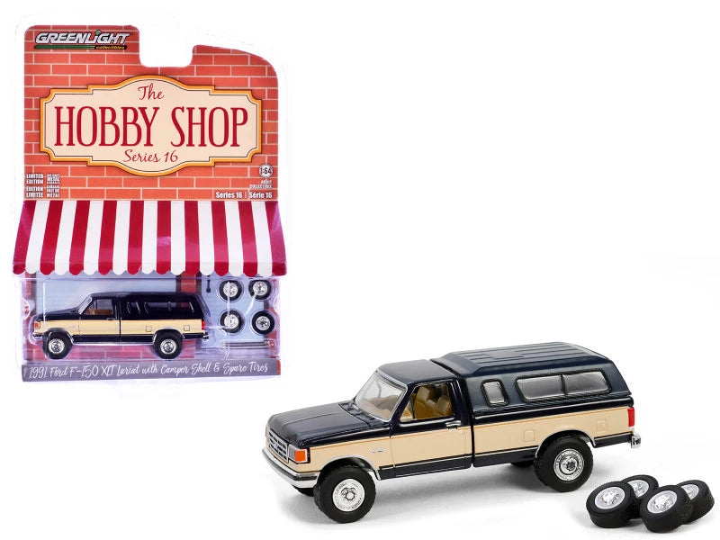 GreenLight 1:64 The Hobby Shop Series 16 – 1991 Ford F-150 XLT Lariat with Camper Shell & Spare Tires – Deluxe Two-Tone Deep Shadow Blue & Tan – GL97160-E