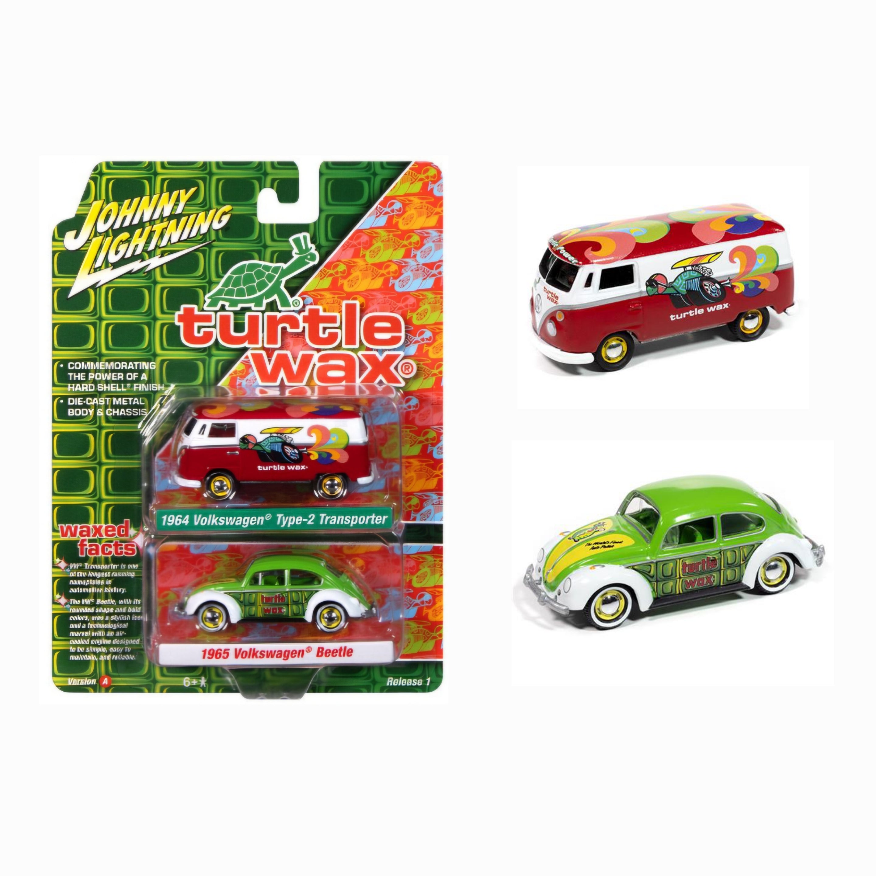 Johnny Lightning Duo-Pack 2025 Release 1- Set-A, Turtle Wax-1964 Volkswagen Type 2 Transporter & 1965 Volkswagen Beetle