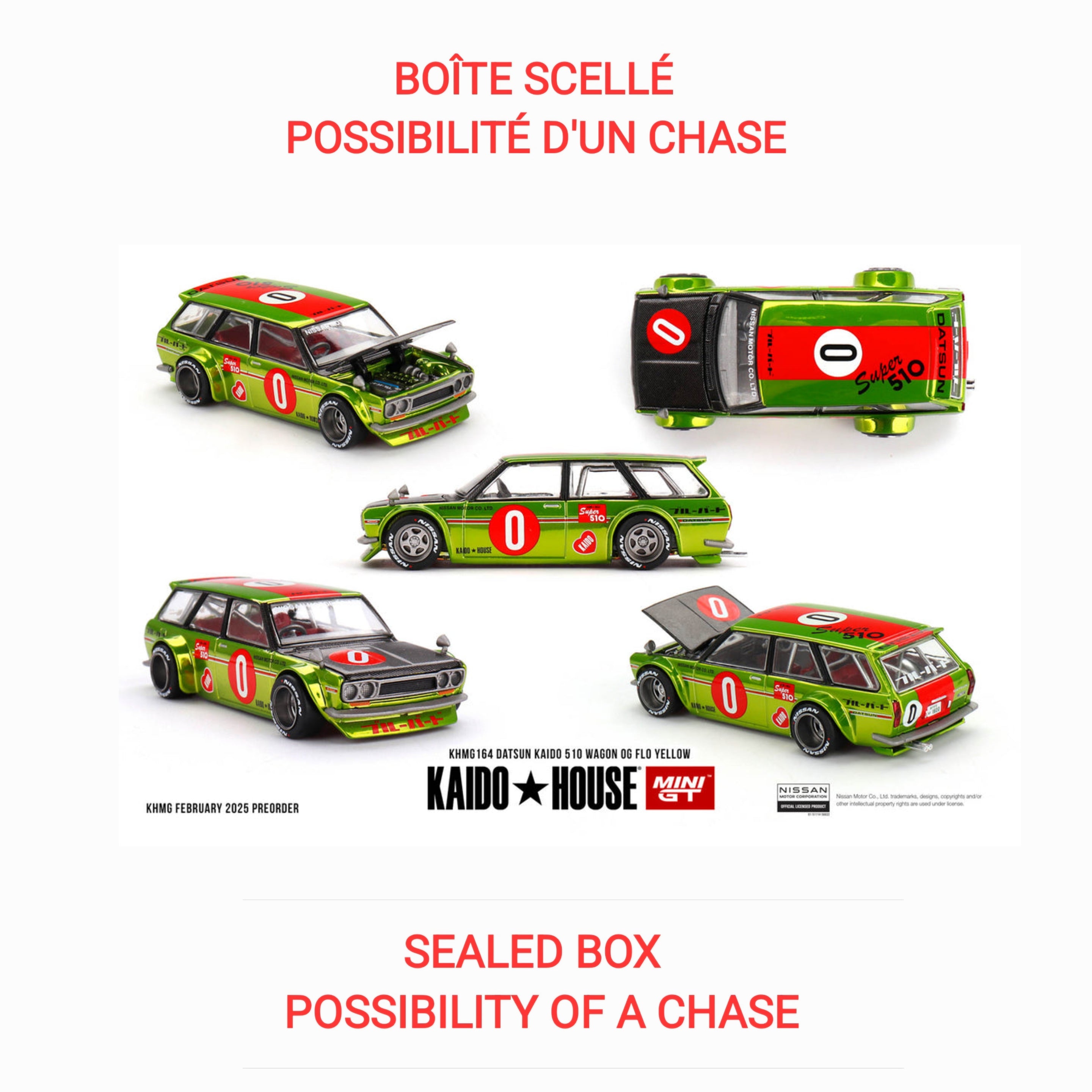 (PRE-ORDER, Q3, 2025-LIMIT 1 PER CUSTOMER) Kaido House x Mini GT - Datsun KAIDO 510 Wagon OG Flo – Chrome Yellow (KHMG164)