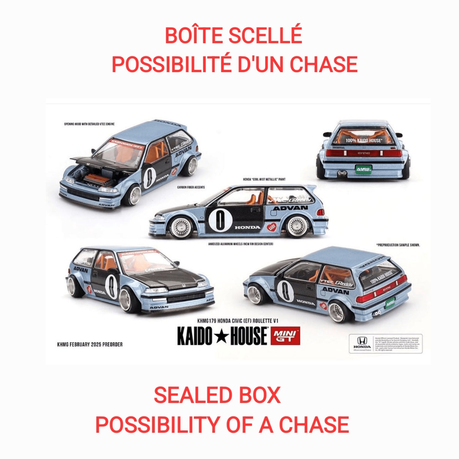 (PRE-ORDER, Q3, 2025)  Kaido House x Mini GT - Honda Civic (EF) Kaido Roulette V1- Light Blue (KHMG179) ***LIMITE DE 3 PAR CLIENT-LIMIT OF 3 PER CLIENT***