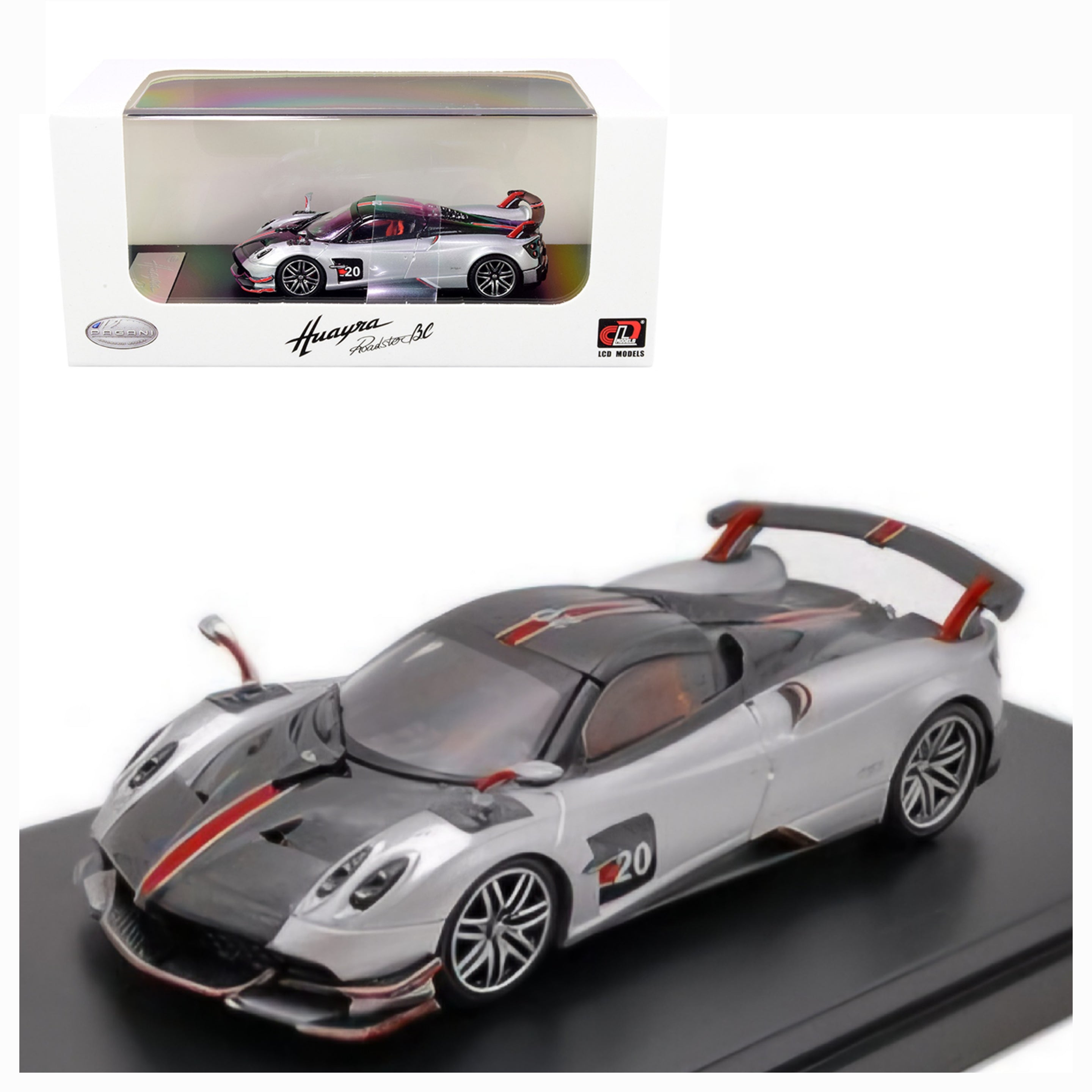Pagani Huayra BC Roadster-(Silver and Carbon with Red and White Stripes)