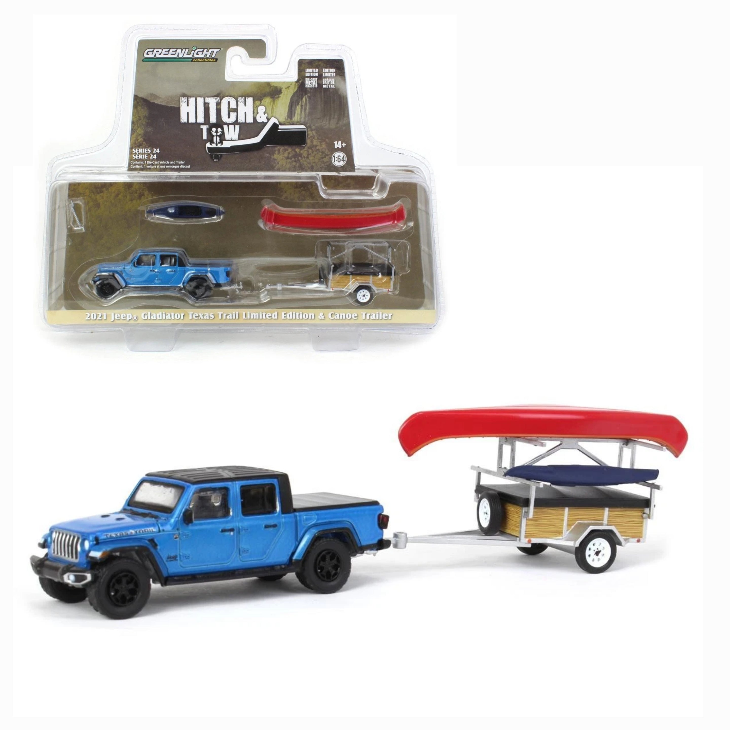 2021 Jeep Gladiator Texas Trail Limited Edition in Hydro Blue Pearl Coat and Canoe Trailer with Canoe Rack, Canoe, and Kayak