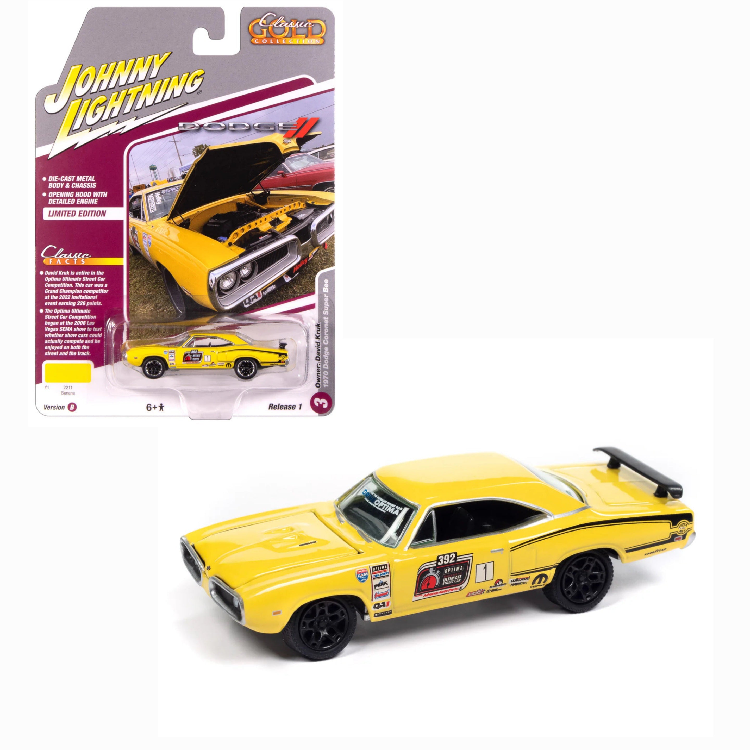 Johnny Lightning- 1970 Dodge Super Bee (Banana w/Optima Ultimate Street Car Race Graphics) JLSP389-B