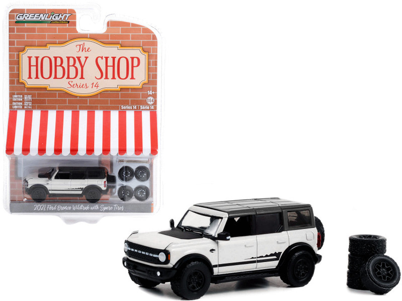 2021 Ford Bronco Wildtrak White with Black Top and Stripes and Spare Tires, The Hobby Shop Series 14
