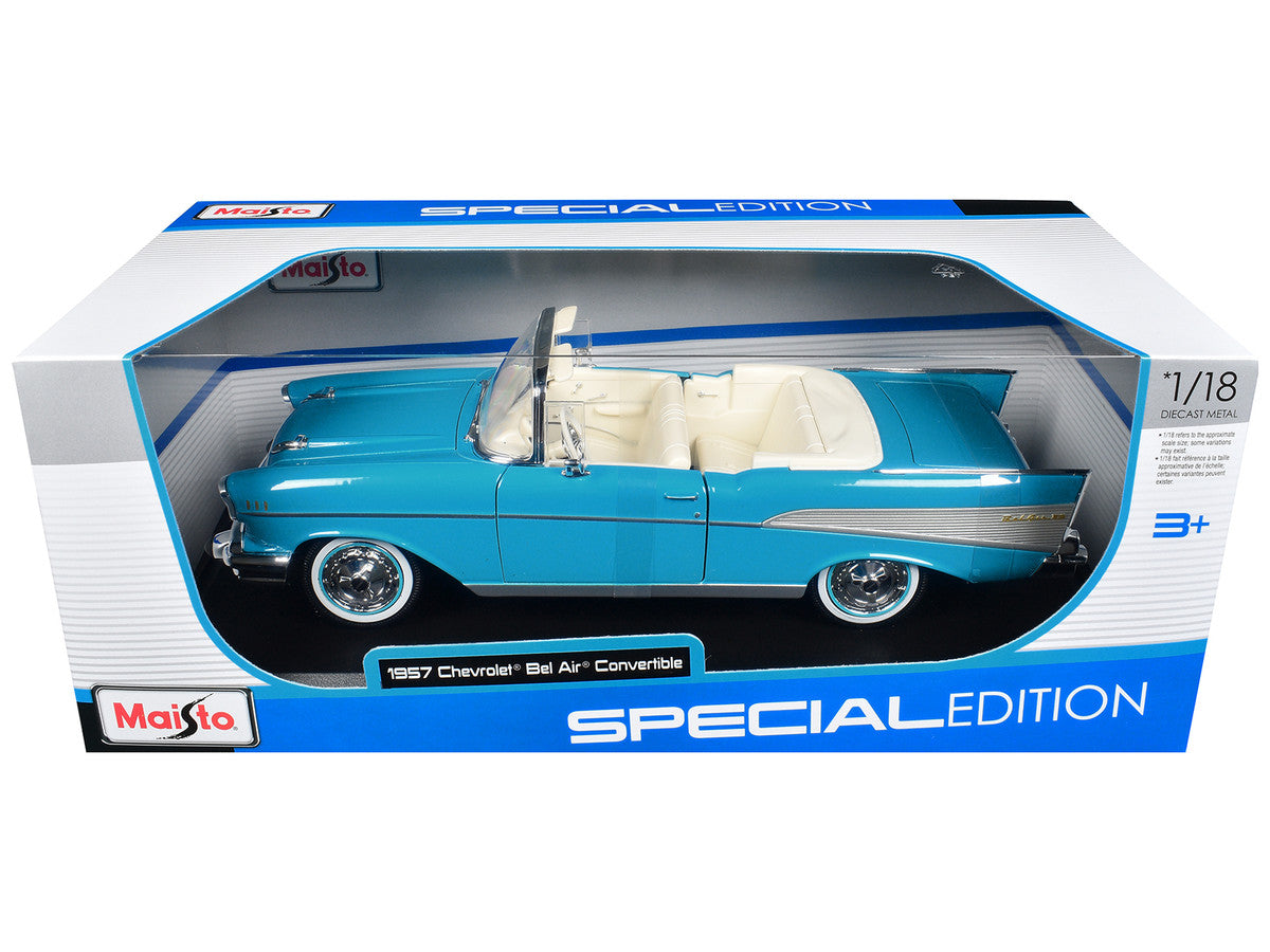 Maisto 1:18 1957 Chevrolet Bel Air Convertible – Blue with White Interior – Special Edition – 31476BL
