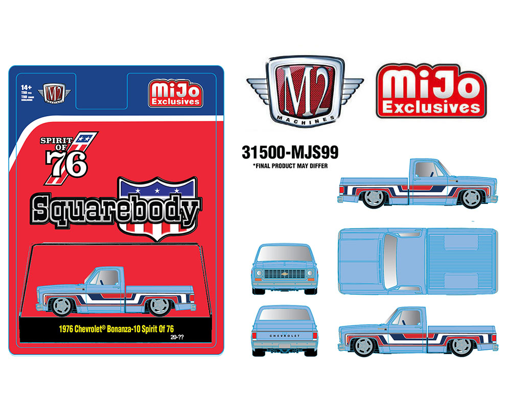 M2 Machines 1:64 1976 Chevrolet Silverado Bonanza-10 SPIRIT OF 76 Squarebody USA Special Edition – Blue – MiJo Exclusives 31500-MJS99