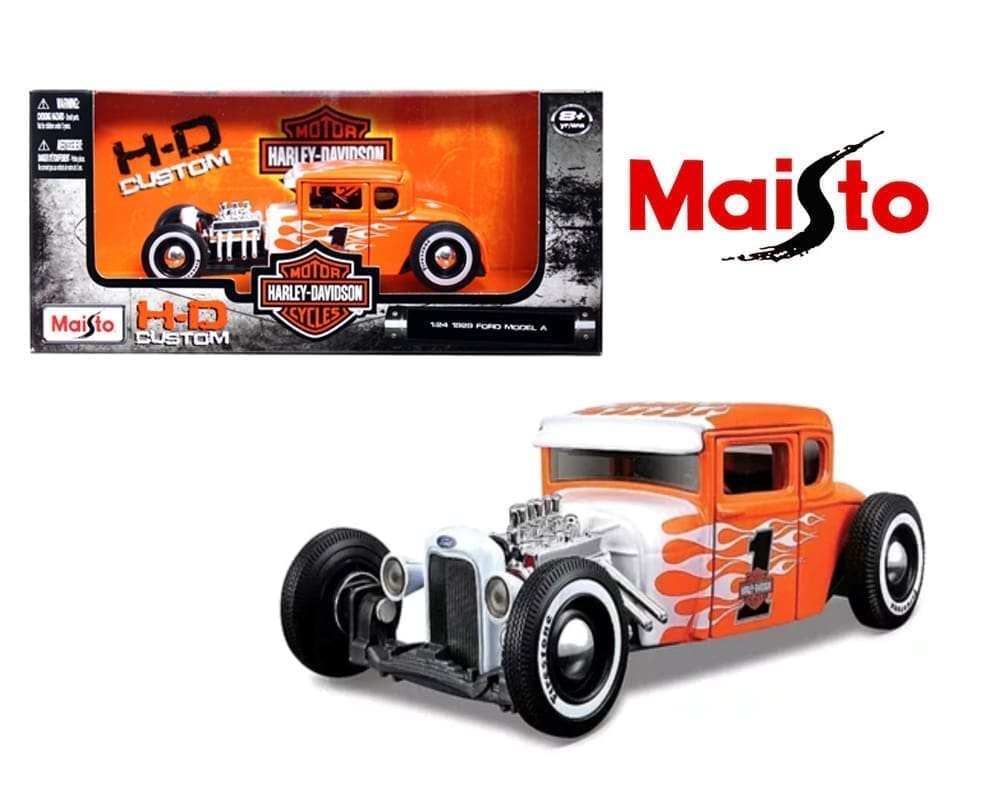 Maisto 1:24 Ford Model A 1929 Flame – Harley-Davidson Custom – Orange/Blanc – 32175ORWH