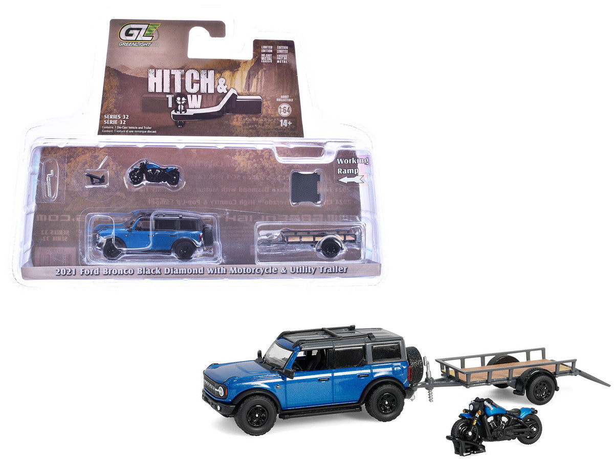 2021 Ford Bronco Black Diamond in Velocity Blue GL32320-C Metallic with Utility Trailer and Motorcycle