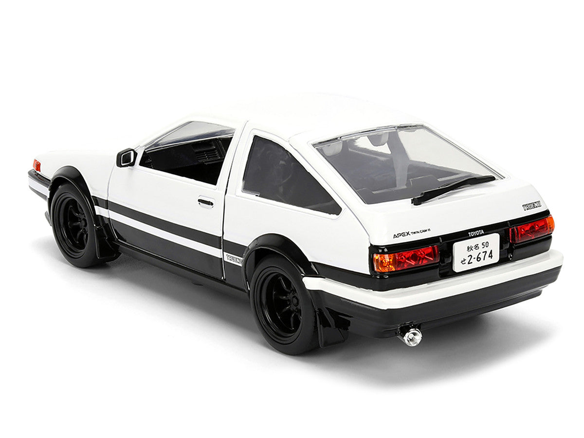 Toyota Trueno (AE86) RHD (Right Hand Drive) White and Black with Graphics and Takumi Diecast Figure "Initial D" (1998-2021) TV Series "Anime