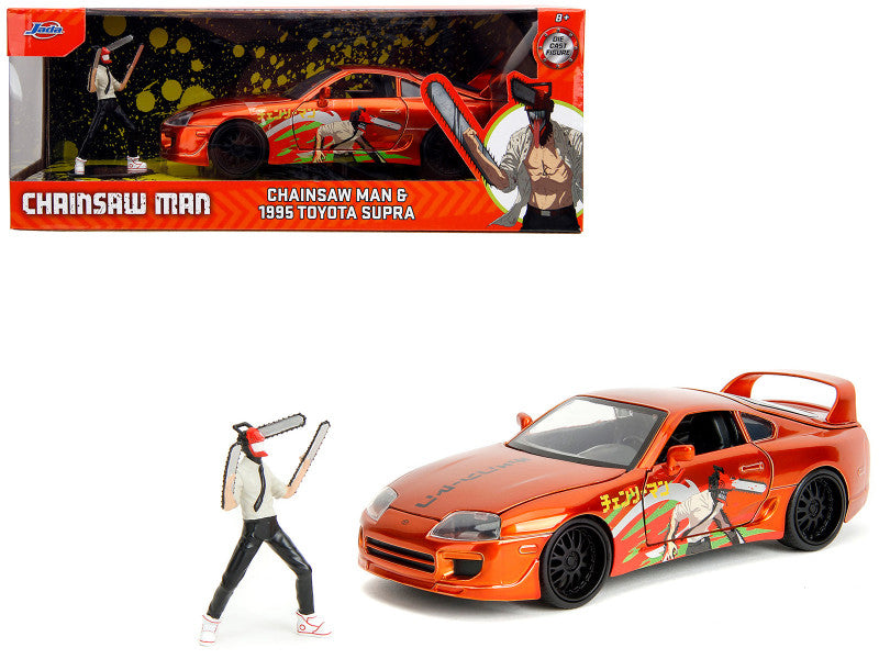 1995 Toyota Supra Orange Metallic with Graphics and Chainsaw Man Diecast Figure "Chainsaw Man" (2022) TV Series