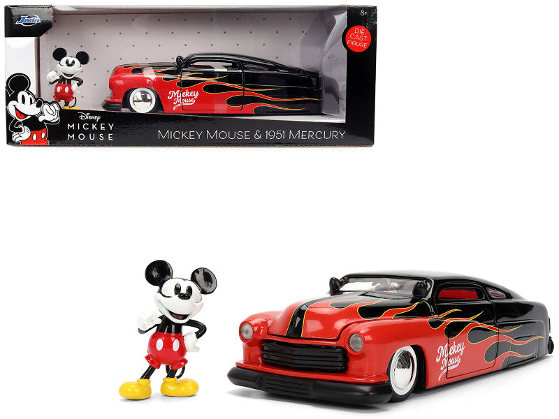 1951 Mercury Coupe Black with Flame Graphics and Red Interior and Mickey Mouse Diecast Figure "Disney&