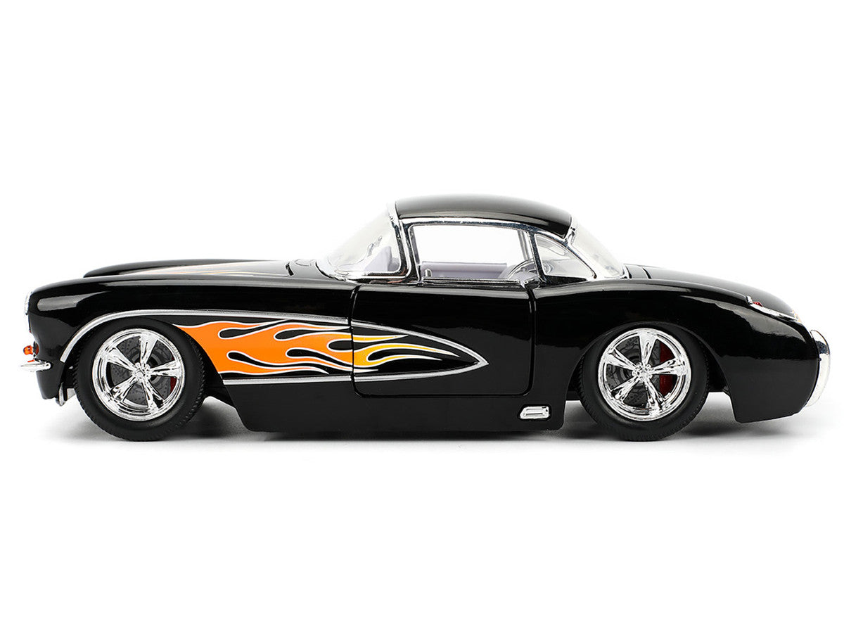 1957 Chevrolet Corvette Black with Flame Graphics and White Interior
