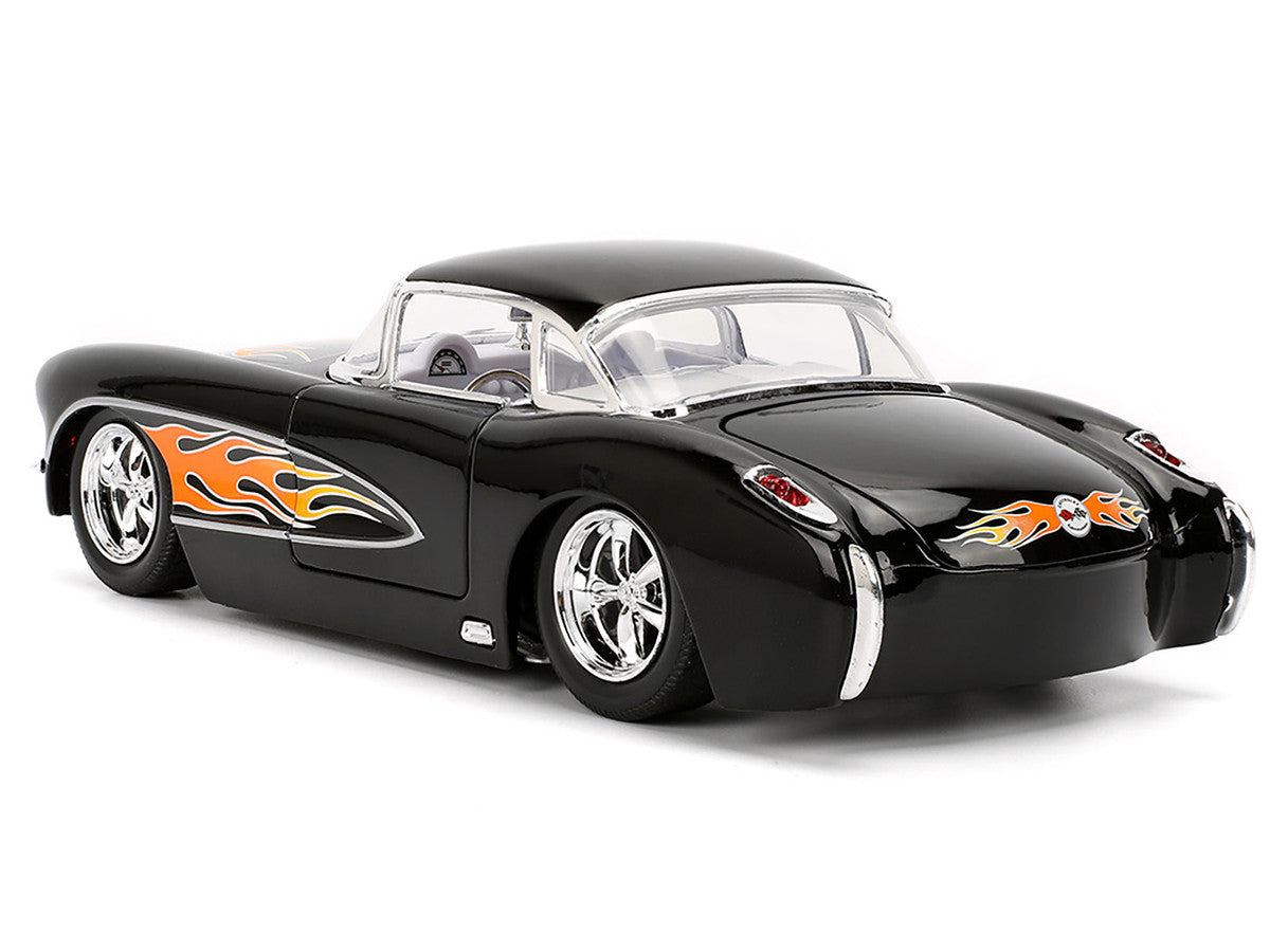 1957 Chevrolet Corvette Black with Flame Graphics and White Interior