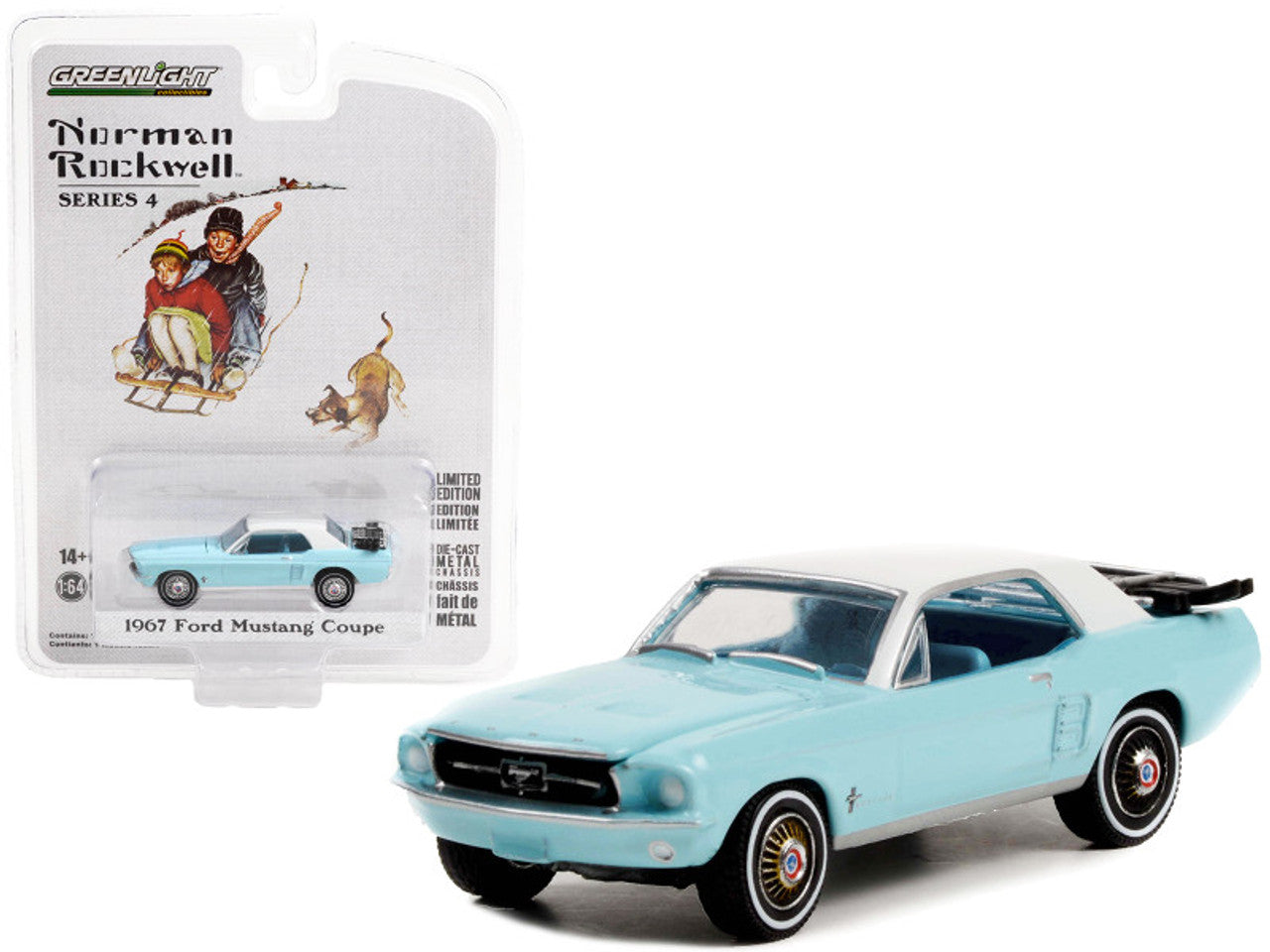 1967 Ford Mustang Coupe Light Blue with White Top and Trunk Ski Rack and Skis