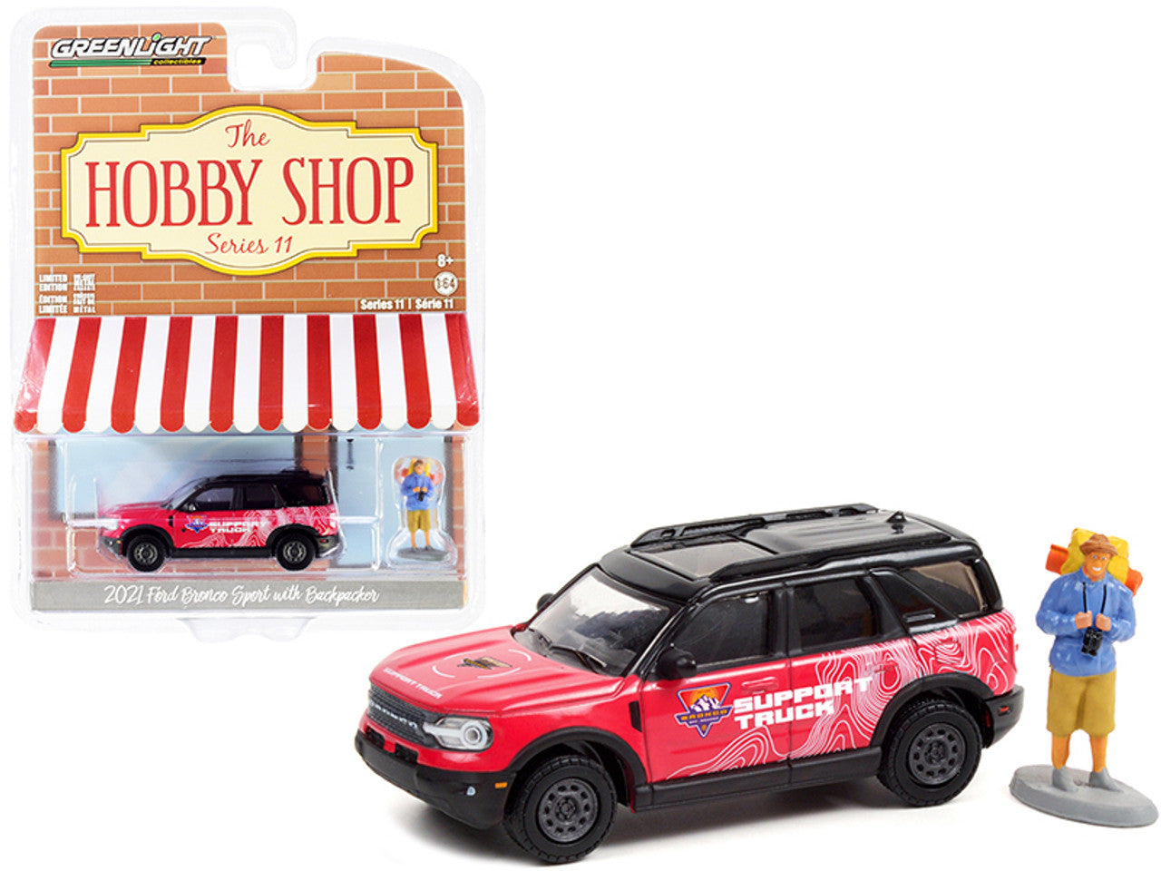2021 Ford Bronco Sport Pink and Black "Off-Roadeo Adventure Support Truck" with Backpacker Figurine, The Hobby Shop Series 11
