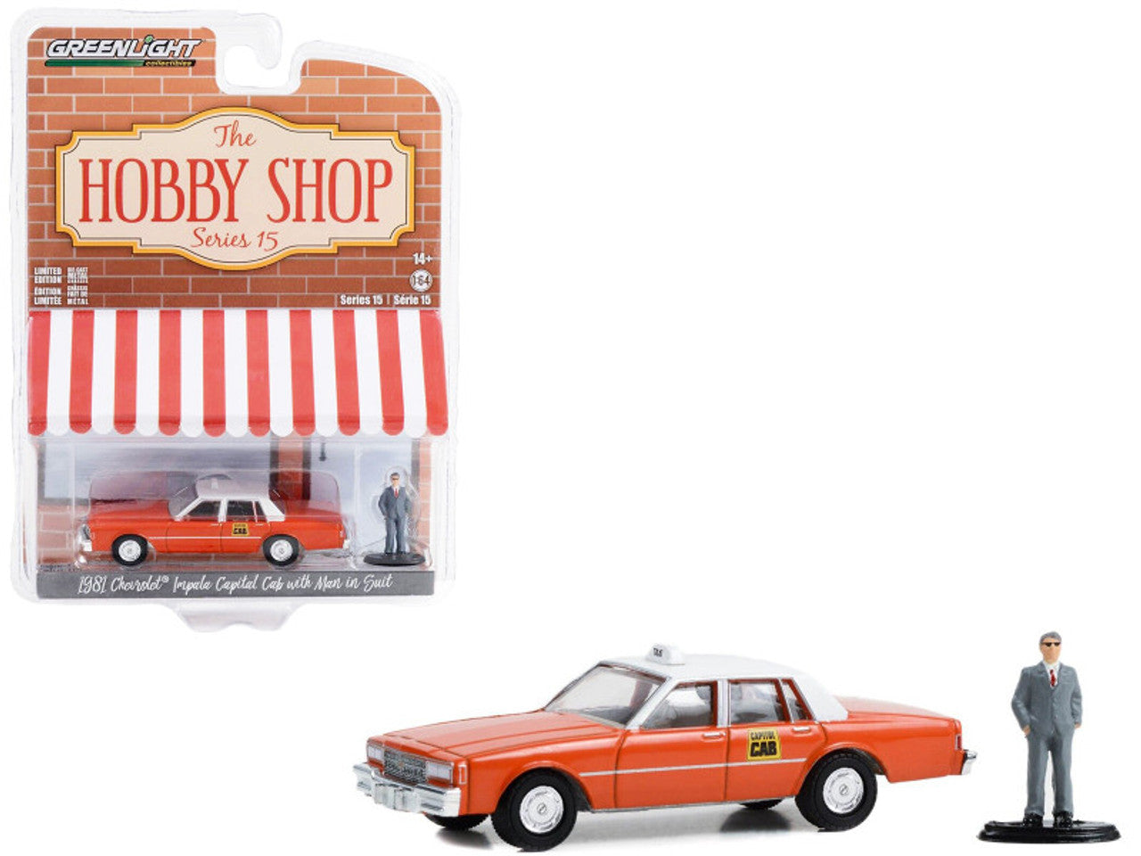 1981 Chevrolet Impala "Capitol Cab" Taxi Orange with White Top and Man in Suit Figure ,The Hobby Shop Series 15