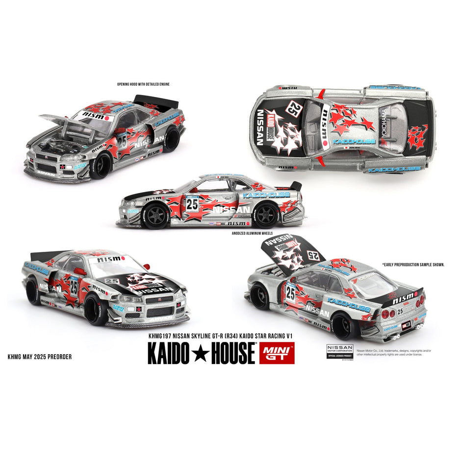 MINI GT x Kaido House, Nissan Skyline GT-R (R34) Kaido Star Racing V1- Silver KHMG197
