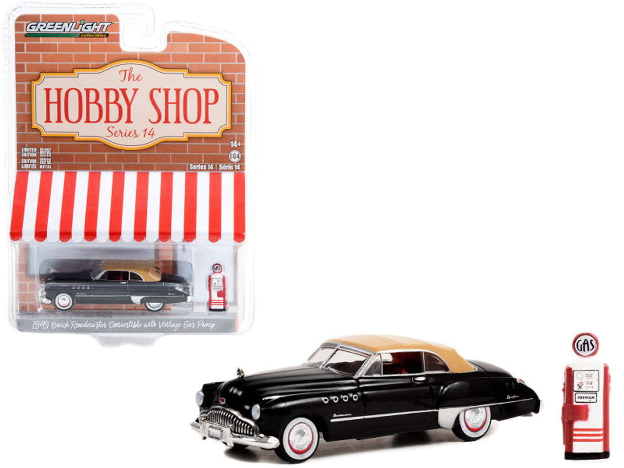 1949 Buick Roadmaster Convertible Black with Vintage Gas Pump, The Hobby Shop Series 14