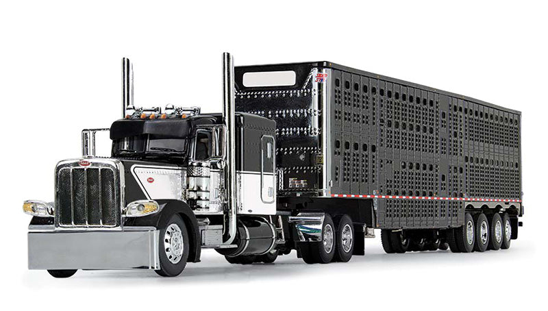 Peterbilt Model 389 with 63" Flat Top Sleeper in White and Black and Wilson Silverstar Livestock Trailer
