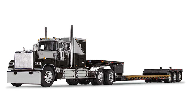 Mack Super-Liner with 60" Flat Top Sleeper and Fontaine Renegade LXT40 Lowboy Trailer with Flip Axle in Black and Grey