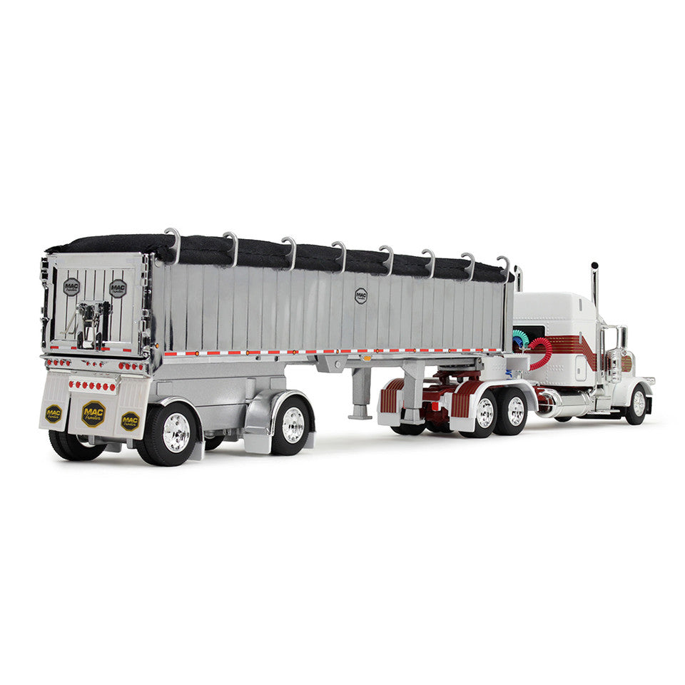 Peterbilt Model 389 With 48" Mid-Roof Sleeper & MAC Coal End Dump Trailer (White/Red/Gold)