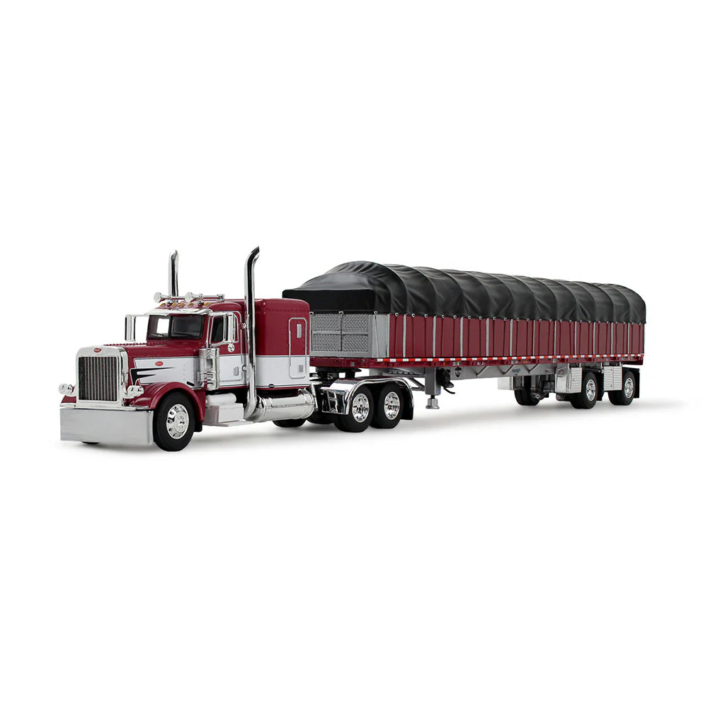 Peterbilt 389 Semi Truck with Wilson Roadbrute Flatbed & Covered Wagon, Maroon/White, DCP by First Gear 1/64