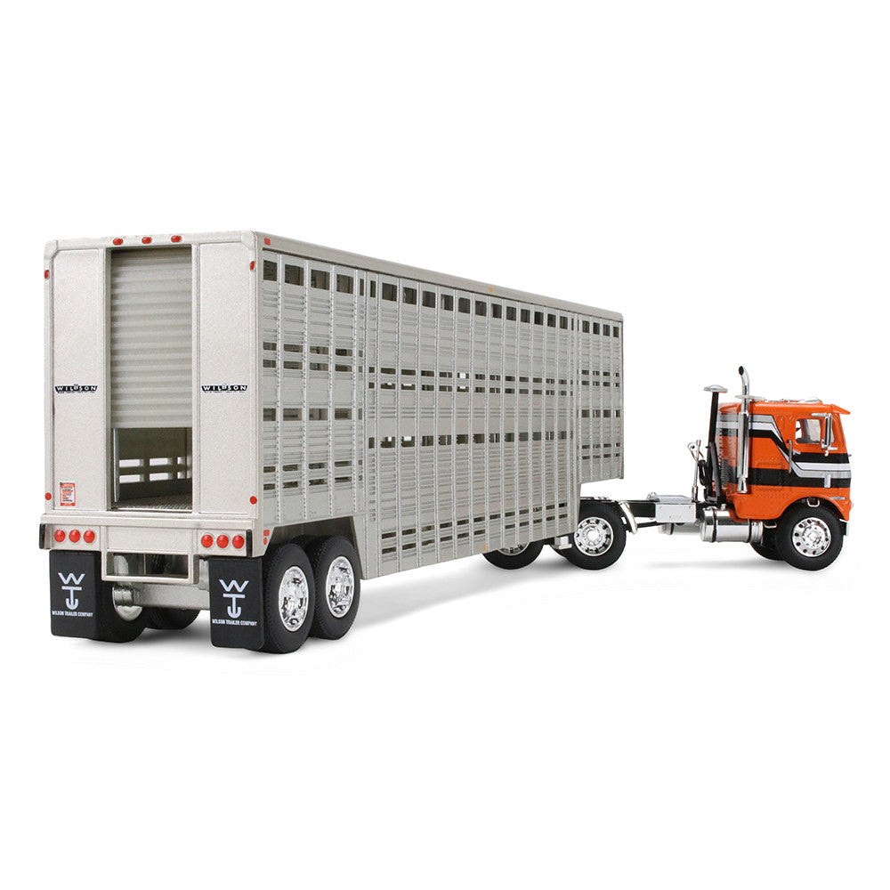 Freightliner COE orange/noir avec remorque Wilson Vintage Livestock 45’ – First Gear 1:64 (60-2290)