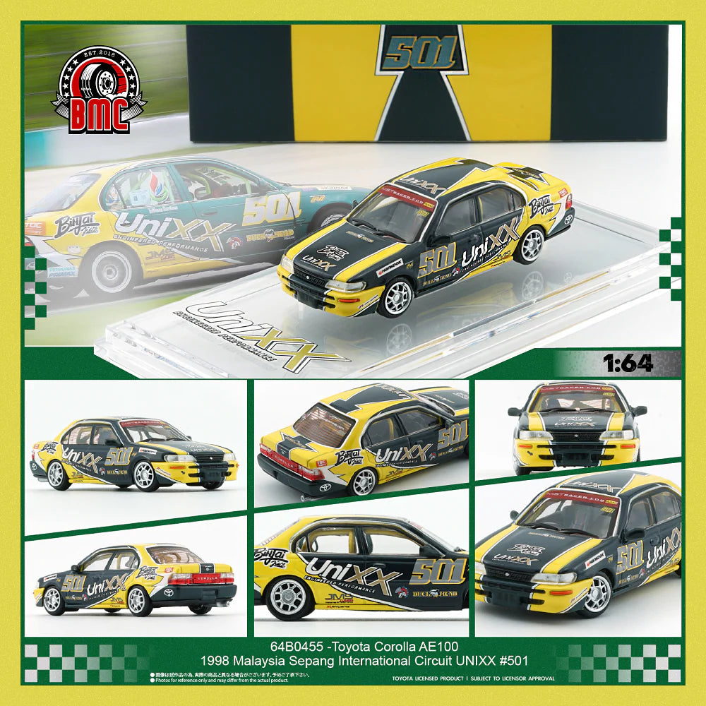 (PRE-ORDER 2025) BM CREATIONS 1/64 - Toyota Corolla AE100 - 1988 Malaysia Sepang International Circuit UNIXX