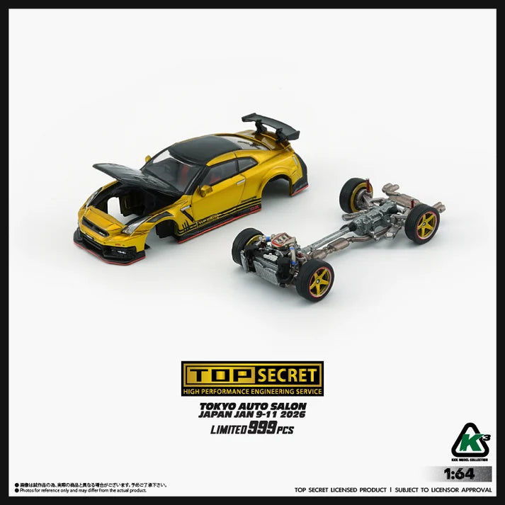 K3 1:64 Top Secret Nissan GT-R R35 Gold with Carbon Bonnet – Tokyo Auto Salon 2026 Limited Version – 64B0494