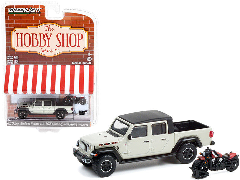 2020 Jeep Gladiator Rubicon Pickup Truck Beige with Black Top and 2020 Indian Scout Bobber Icon Series Motorcycle Red, "The Hobby Shop" Series 15