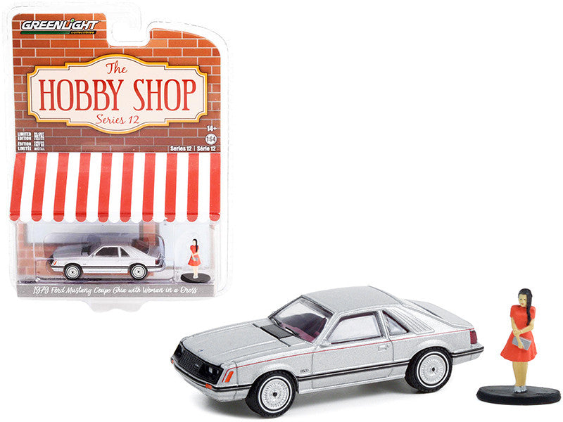 1979 Ford Mustang Coupe Ghia Silver Metallic and Woman in a Dress Figurine, "The Hobby Shop" Series 15