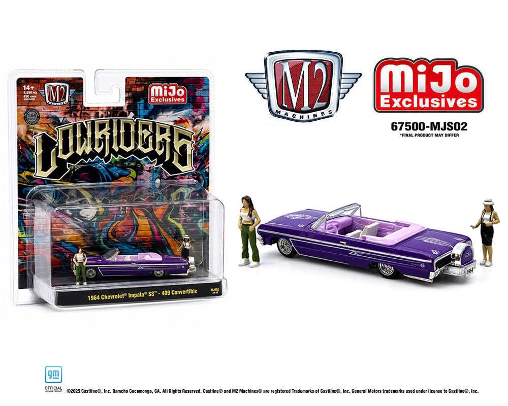 M2 Machines - Diorama Series 1964 Chevrolet Impala SS Convertible Top-Down Lowriders with 2 Ladies Figures – Metallic Purple – Mijo Exclusives 67500-MJS02