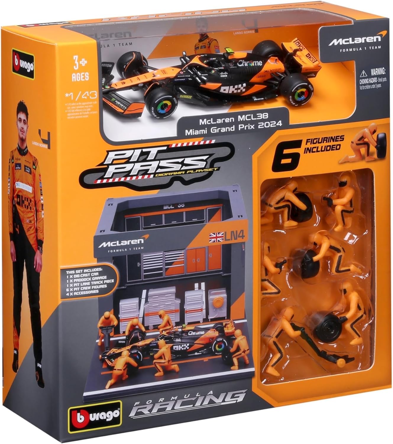 Bburago Diorama-1:43-2024 Formula Race McLaren MCL38 Pit Pass Paddock Set, Norris
