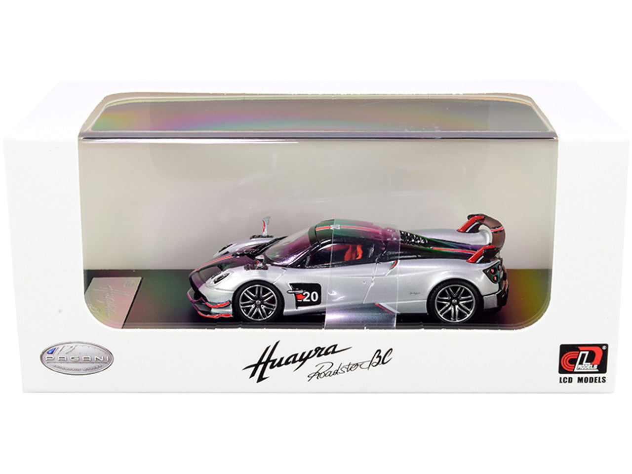 Pagani Huayra BC Roadster-(Silver and Carbon with Red and White Stripes)