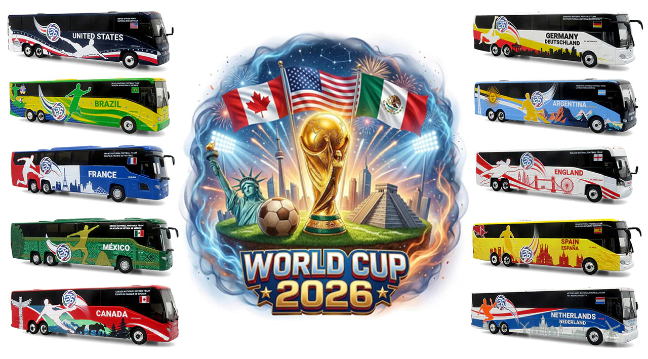 Ensemble complet 10 autobus d’équipes nationales World Cup 2026 Iconic Replicas 1:87 HO - 87-WC26