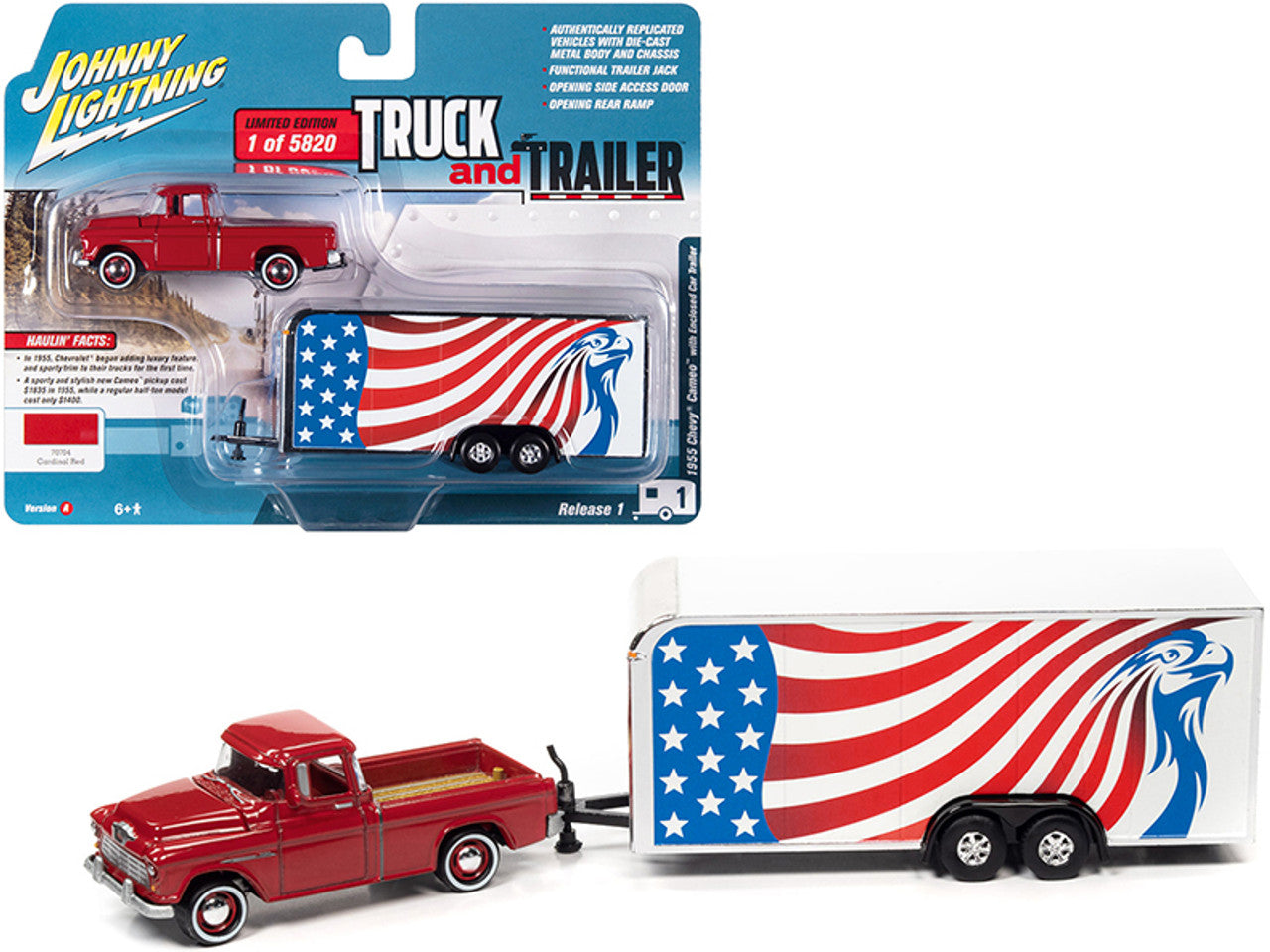 1955 Chevy Cameo Pickup Truck in Red with Enclosed Car Trailer