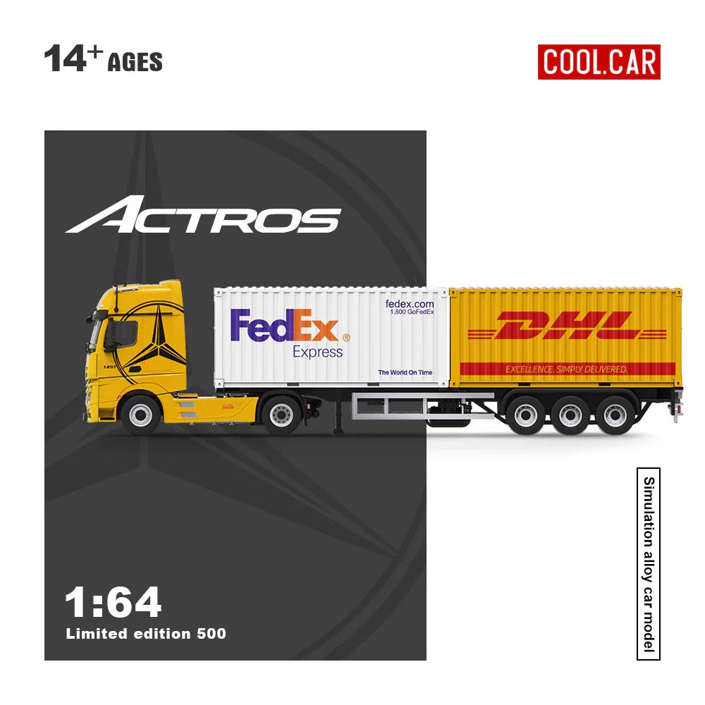 Mercedes-Benz Actros Camion Porte-Conteneur Jaune Livrée FedEx et DHL 1:64 – Cool Car CC646739
