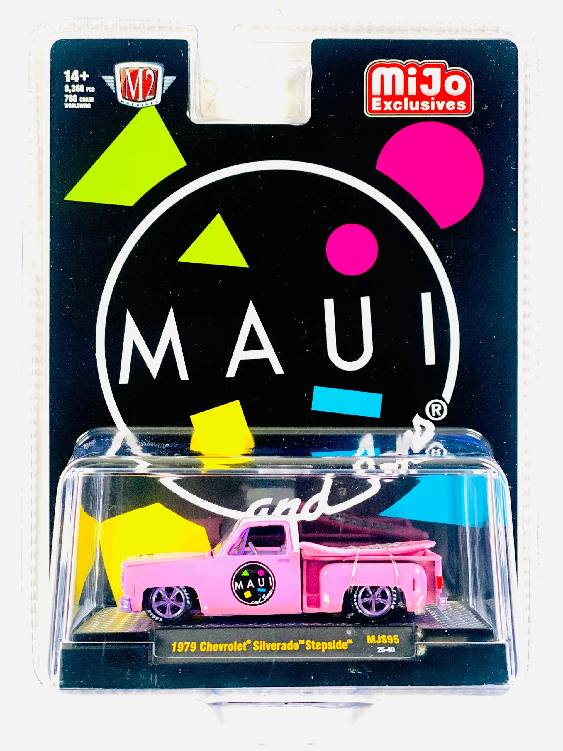 CHASE CARS-M2 Machines-1979 Chevrolet Silverado Stepside with Surfboard Maui & Sons – Pink (M2 Machines 31500-MJS95)