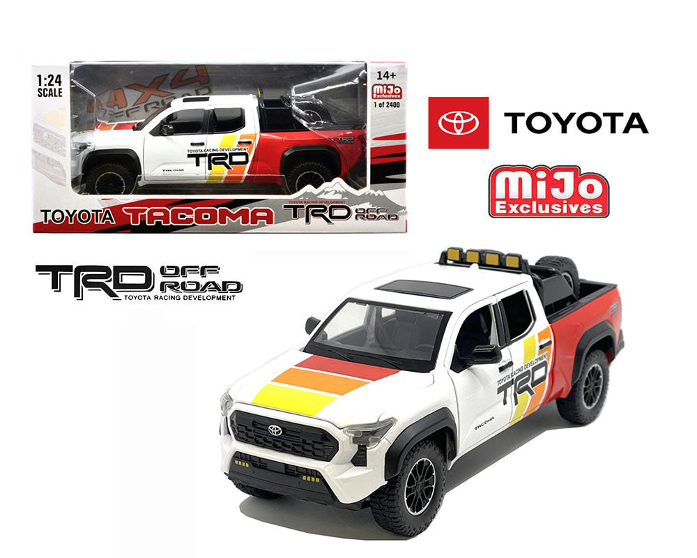 MiJo Exclusives 1:24 2024 Toyota Tacoma TRD Off-Road Custom – (White with Yellow/Orange/Red) H08778-MJS01