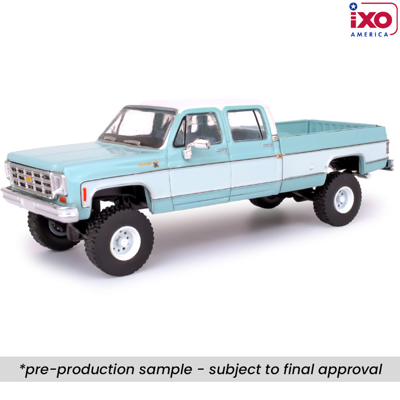 1978 Chevrolet Silverado K30 Crew Cab Fleetside Lifted - Light Blue and Frost White (1:64)