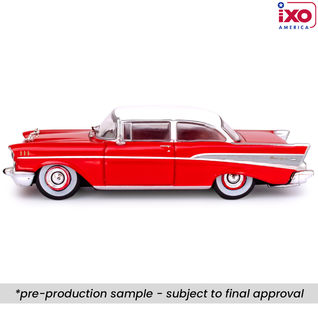 (PRE-0RDER 2025) 1957 Chevrolet Bel Air Sedan - Matador Red and India Ivory (1:64)