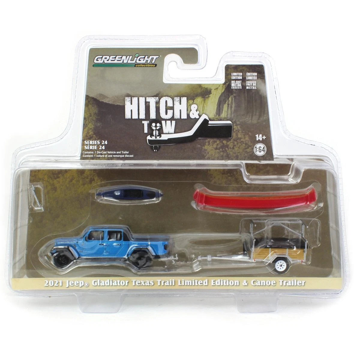 2021 Jeep Gladiator Texas Trail Limited Edition in Hydro Blue Pearl Coat and Canoe Trailer with Canoe Rack, Canoe, and Kayak