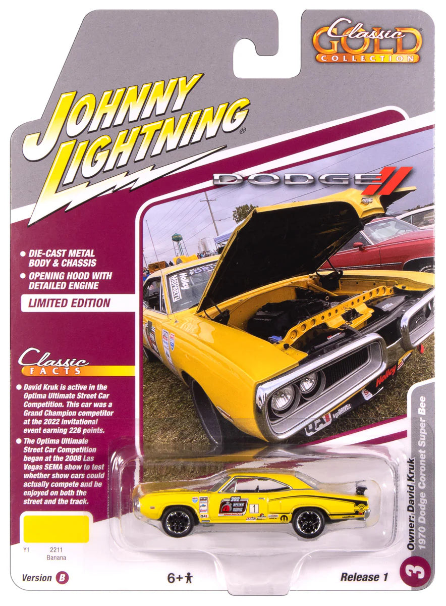 Johnny Lightning- 1970 Dodge Super Bee (Banana w/Optima Ultimate Street Car Race Graphics) JLSP389-B
